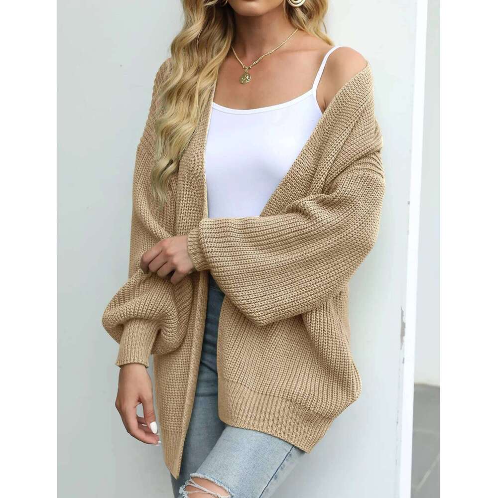 Women's lantern sleeve thick needle cardigan 2024 autumn and winter new item solid color pocket knitted sweater women's coat XJ260305