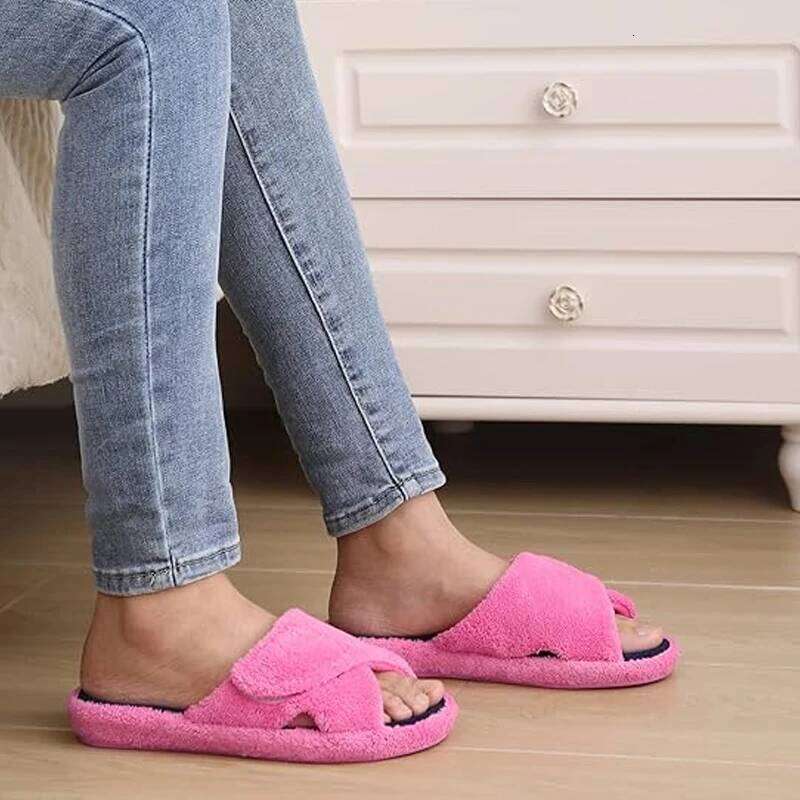Kidmi Women Winter Orthopedic Home Adjustable Indoor Slippers Fashion Open Toe Corduroy Bedroom Slides Fur Cotton Shoes