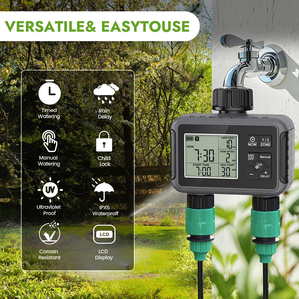 1/2-Outlets Automatic Water Timer Smart Irrigation Watering System Sprinkle Faucet Hose Programmer Timer for Garden Outdoor 260304