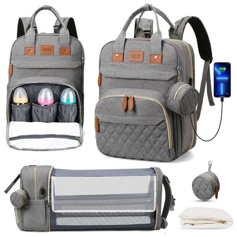 In 1 Foldable Baby Waterproof Travel USB Charge Diaper Bag Backpack with Changing Bed 3 types Z260304