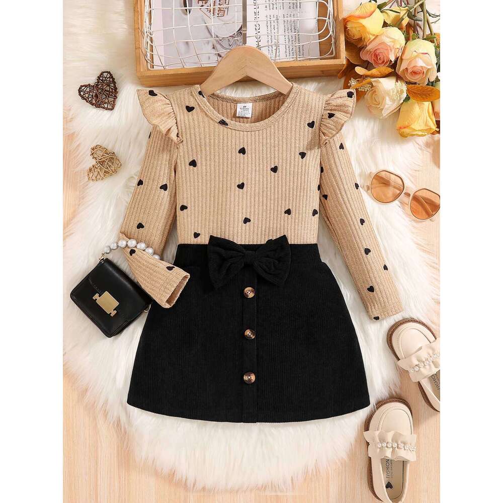 2-Piece Girls in Autumn: Fashionable Elegant Young Girls, Featuring Round-Neck Ribbed Lace-Trimmed Flutter-Sleeve Top Heart Polka Dot Print Long Sleev