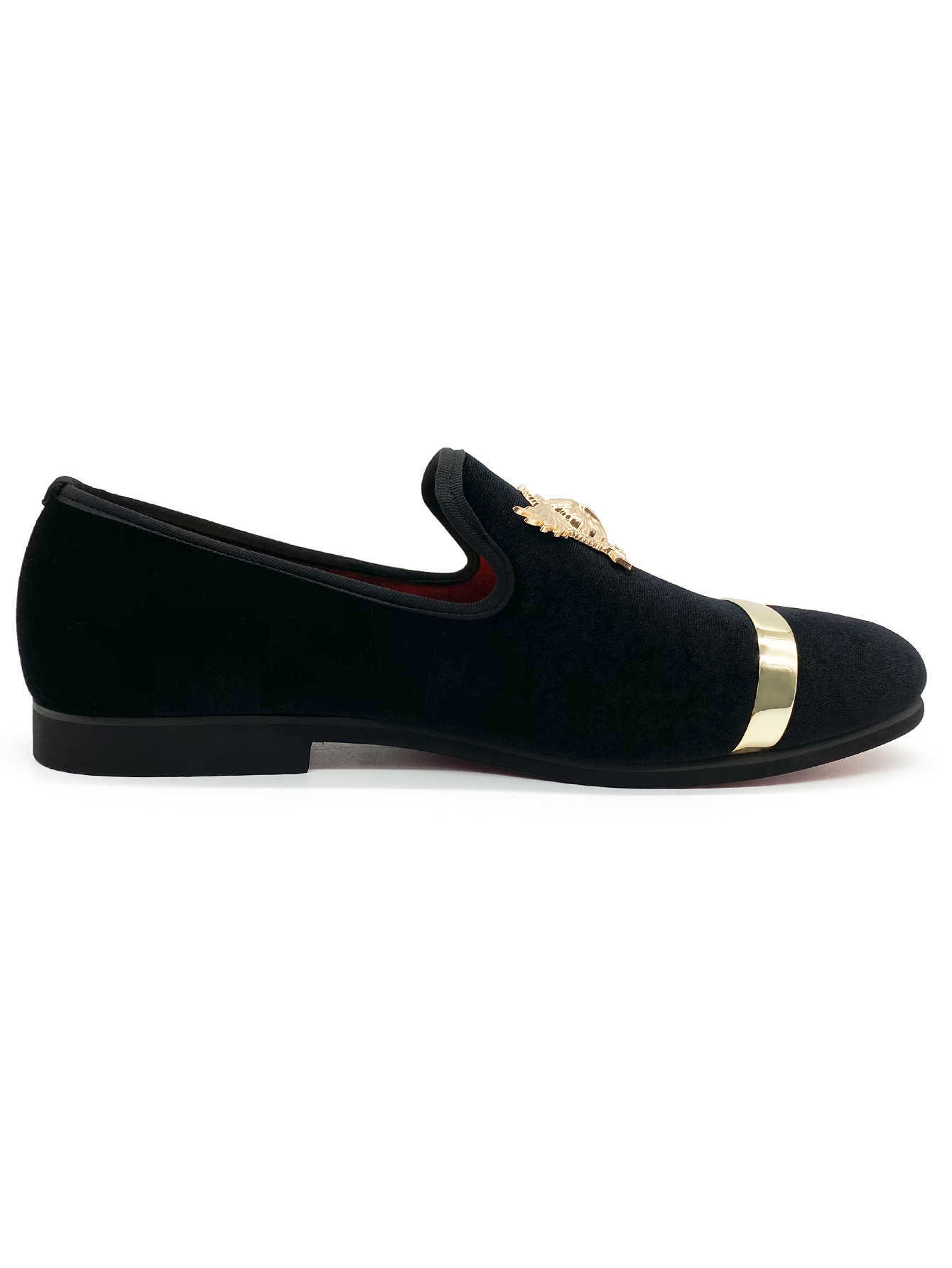 Men's Luxury Black Velvet Loafers Gold Metal Band Eagle Emblem Dress Shoes Fashion Slip-on Smoking Slippers