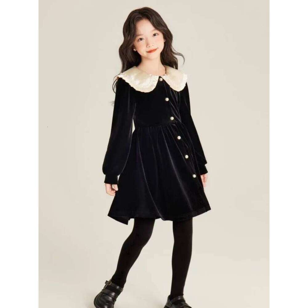 Girls' Autumn/Winter High-end Fleece-lined Velvet Elegant Black Princess Gown Dress - 4-12 Years Old Z260304