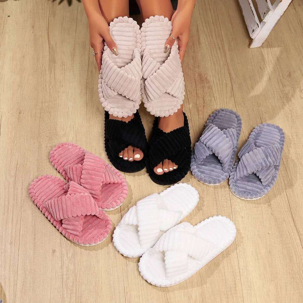 Fashion Corduroy Cross Band Open Toe Home Slippers Women Spring Summer Cotton Shoes Anti-slip Ladies Bedroom Soft Sole Slides