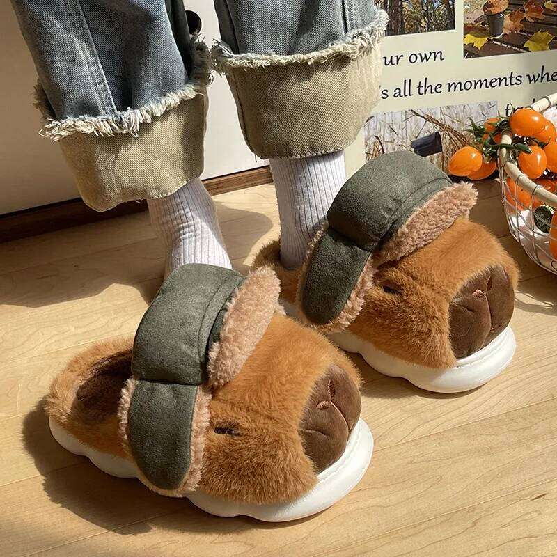 Cute Cartoon Capybara Cotton Slippers For Women Men Spring Winter Shoes Soft Plush Anti-slip Couples Home Floor Fluffy Slipper