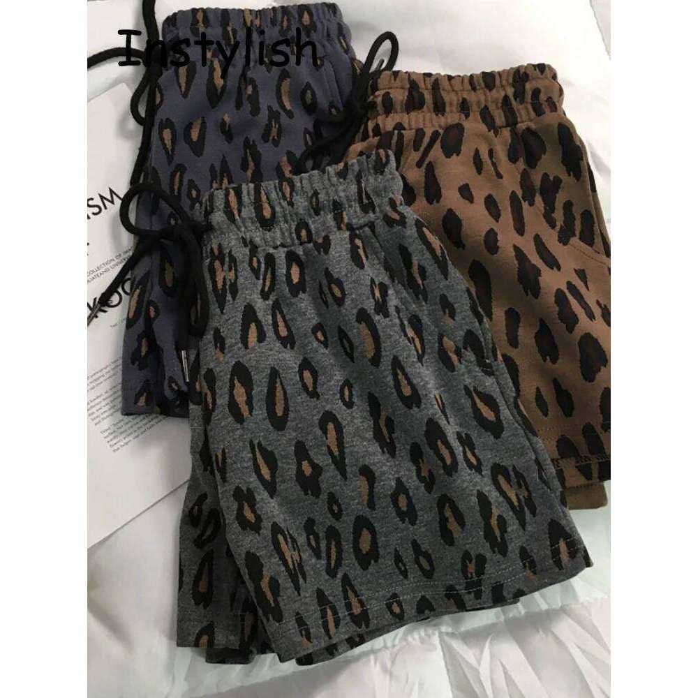 Vintage Harajuku Leopard Print Wide Leg Shorts Women Summer Korean Simple Chic Elastics Waist Drawstring Loose Short Pants 2022 XJ260305
