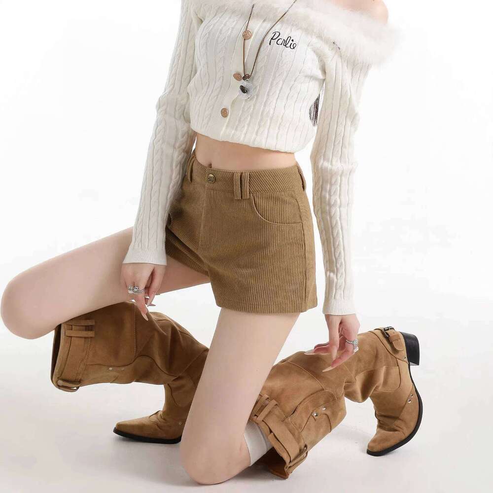 Women's Spring Retro Corduroy Shorts High Waist Slim Fit Butt Hugging A Line Hot Pants XJ260305