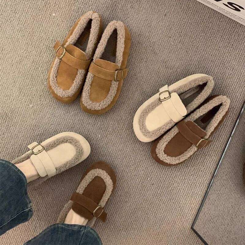 Kidmi New Suede Retro Fleece-Lined Loafers Autumn Winter Warm Slip-on Soft Soled Ladies Women's Cotton Shoes