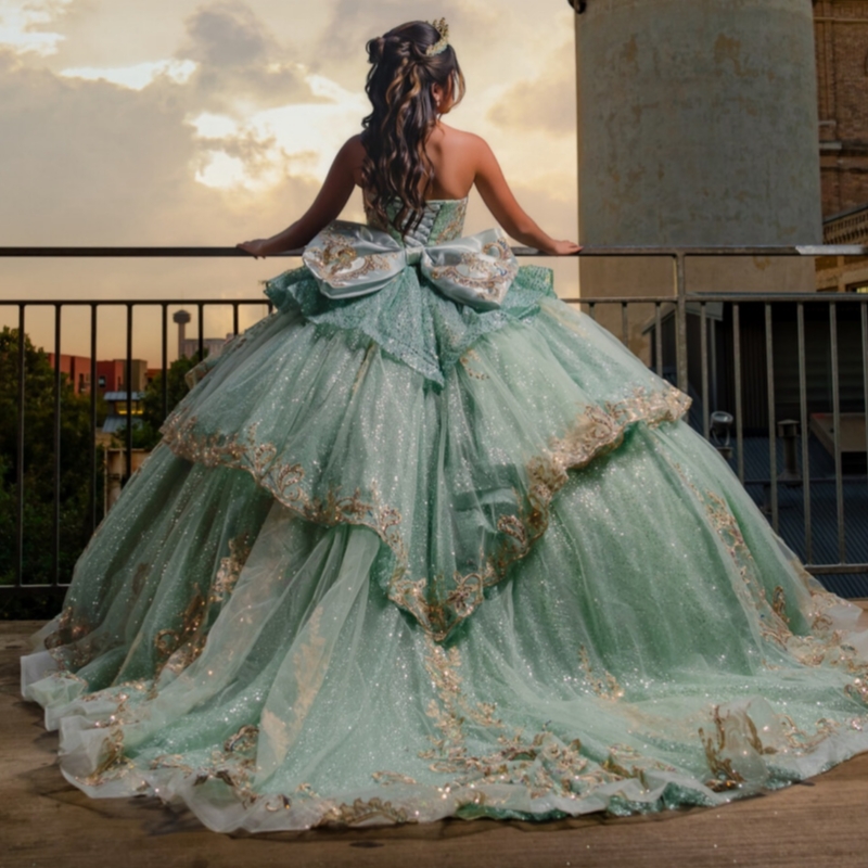 Mint Green Shiny Quinceanera Dresses Ball Gown Off The Shoulder Gold Applique Lace Beading Crystal Bow Tull Corset Party Birthday Sweet 16 Dress Vesti