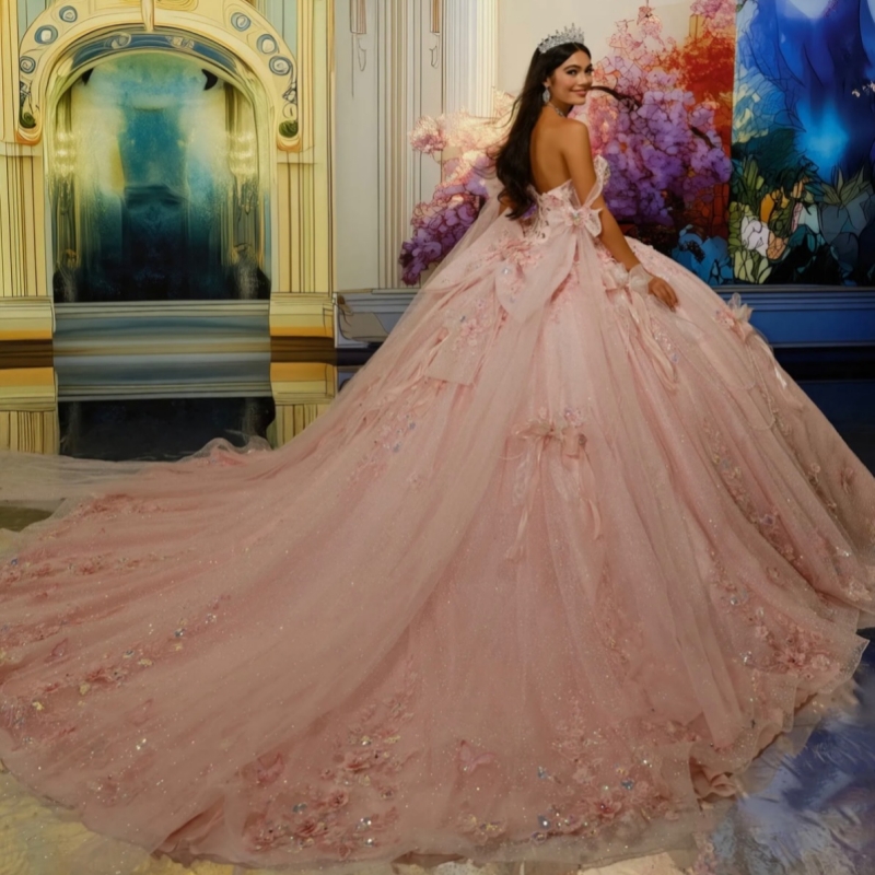Pink Shiny Quinceanera Dresses Ball Gown Off The Shoulder Applique Flower Beading Crystal Bow Tull Corset Party Birthday Sweet 16 Dress Vestidos 15 De
