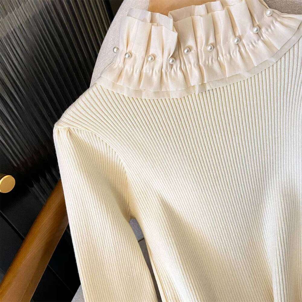 French Style Vintage Women Elasitc Stand-up Collar Long Sleeve Knitted Pullover Beading Ruffles Patchwork Sweaters Tops 2026 XJ260305