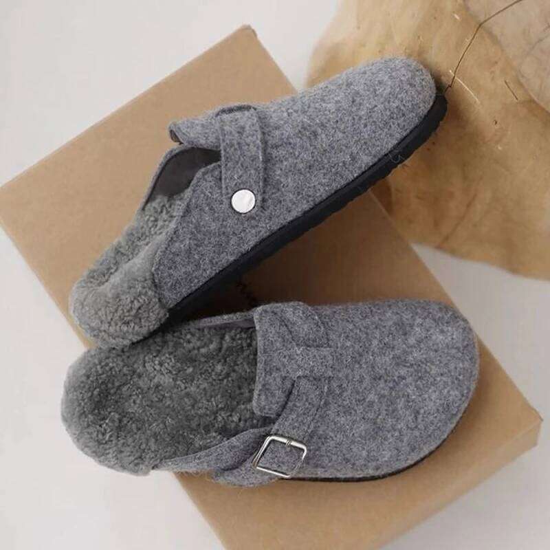 Kidmi Women's Slippers Comfortable and Versatile Outdoor Shoes Winter 2025 New Grey Leather Shearling Closed-toe Felt Soft Mules