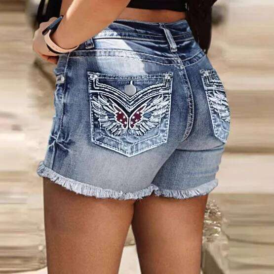 Fashionable Embroidered Design Denim Shorts. New Loose Straight-leg Fringed Shorts for European and American Women in Summer XJ260305