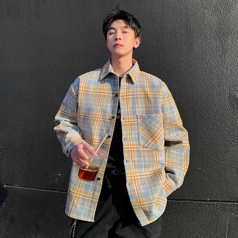 2026 Streetwear Men Plaid Long Sleeve Shirt Spring Autumn Fashion Versatile Outerwear Coat Male American Retro Lapel Shirts Man M260305