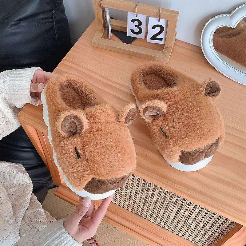 Cute Cartoon Capybara Cotton Slippers For Women Men Spring Winter Shoes Soft Plush Anti-slip Couples Home Floor Fluffy Slipper