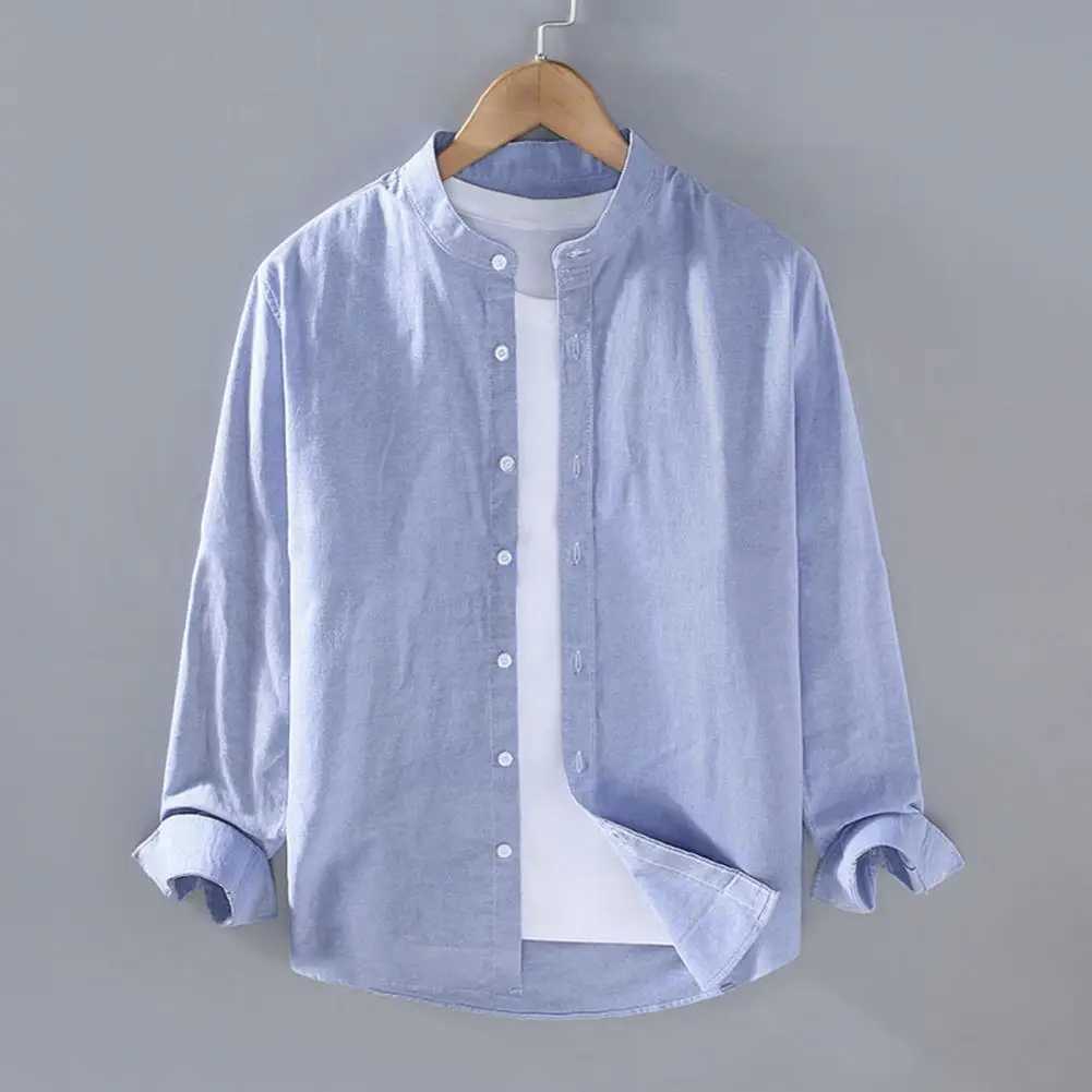 Flax Men Spring And Summer Stand Collar Long Sleeve Fashionable Mens Shirt Cotton Linen Shirt for Men Vintage Vacation Shirts M260305