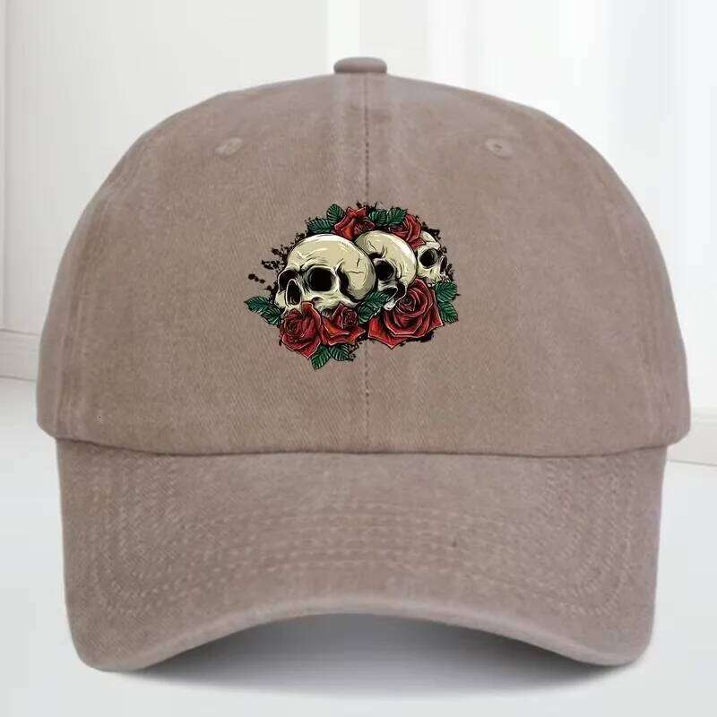 The man's stylish washed-out baseball cap features a hip-hop style skull and rose pattern printed on it. Y260304