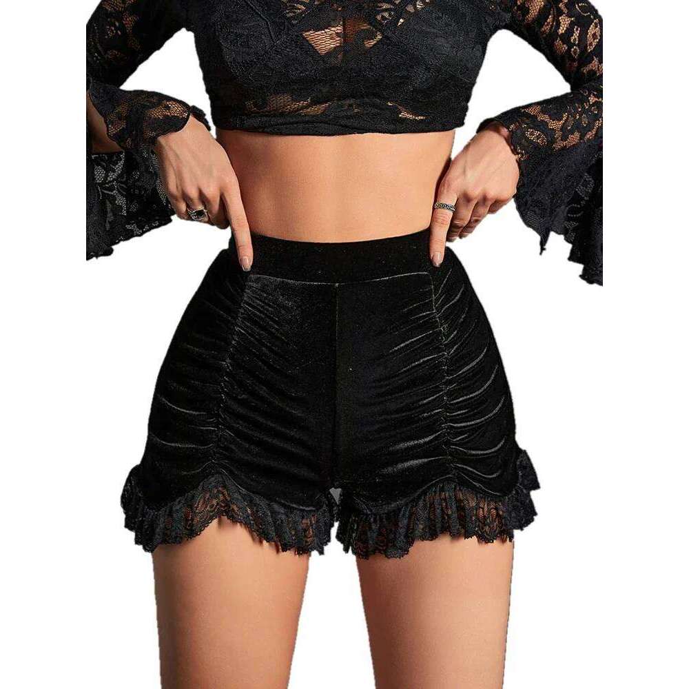 Goth Velvet Ruched Black Shorts Pants Gothic Mall Women High Waist Sexy Girl Grunge Skinny Bottoms Lace Hem Alt Clothes Short XJ260305