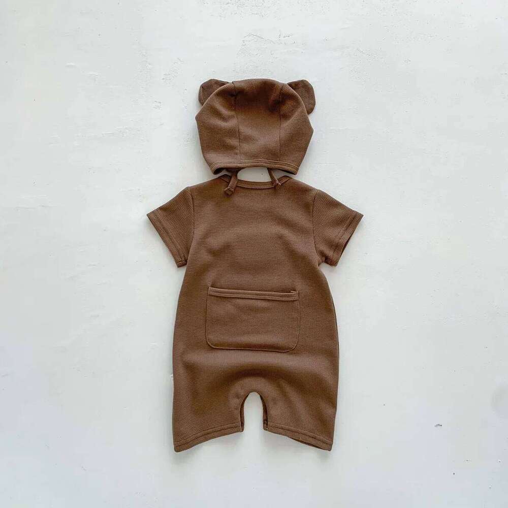 New In Summer Kids Baby Girls Boys Short Sleeve Waffle Patch Bear Infant Newborn Jumpsuits Cotton Romper Gift Hat with Ear Z260304