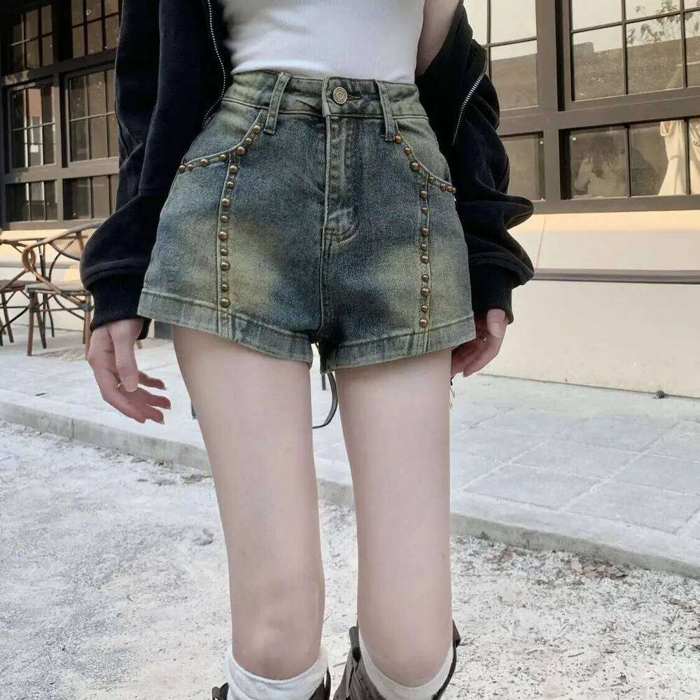Sexy Riveted Denim Women's Summer 2025 New High Waist Loose Wide Leg Hot Pants Straight Jean Shorts XJ260305