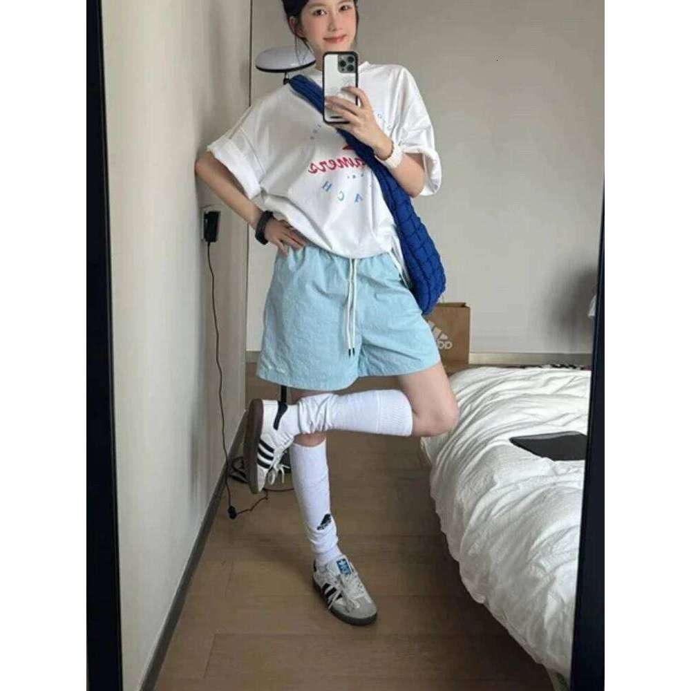 HOUZHOU Harajuku Blue for Women Korean Style Baggy Sport Short Pants Casual Fashion High Waist Retro Wide Leg Shorts XJ260305