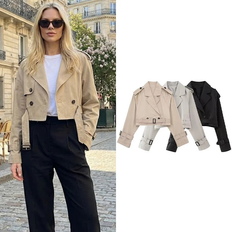 Willshela Women Fashion With Belt Cropped Trench Jacket Vintage Notched Neck Long Sleeve Female Chic Lady Coat Outfits 260228