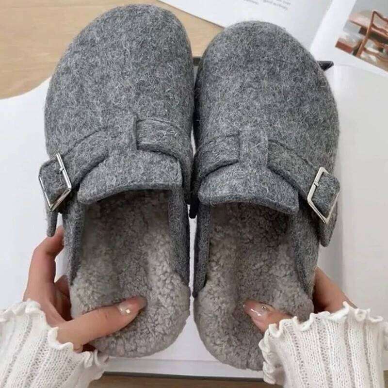 Kidmi Women's Slippers Comfortable and Versatile Outdoor Shoes Winter 2025 New Grey Leather Shearling Closed-toe Felt Soft Mules
