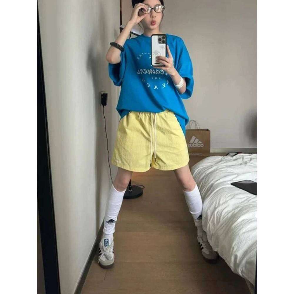 HOUZHOU Harajuku Blue for Women Korean Style Baggy Sport Short Pants Casual Fashion High Waist Retro Wide Leg Shorts XJ260305