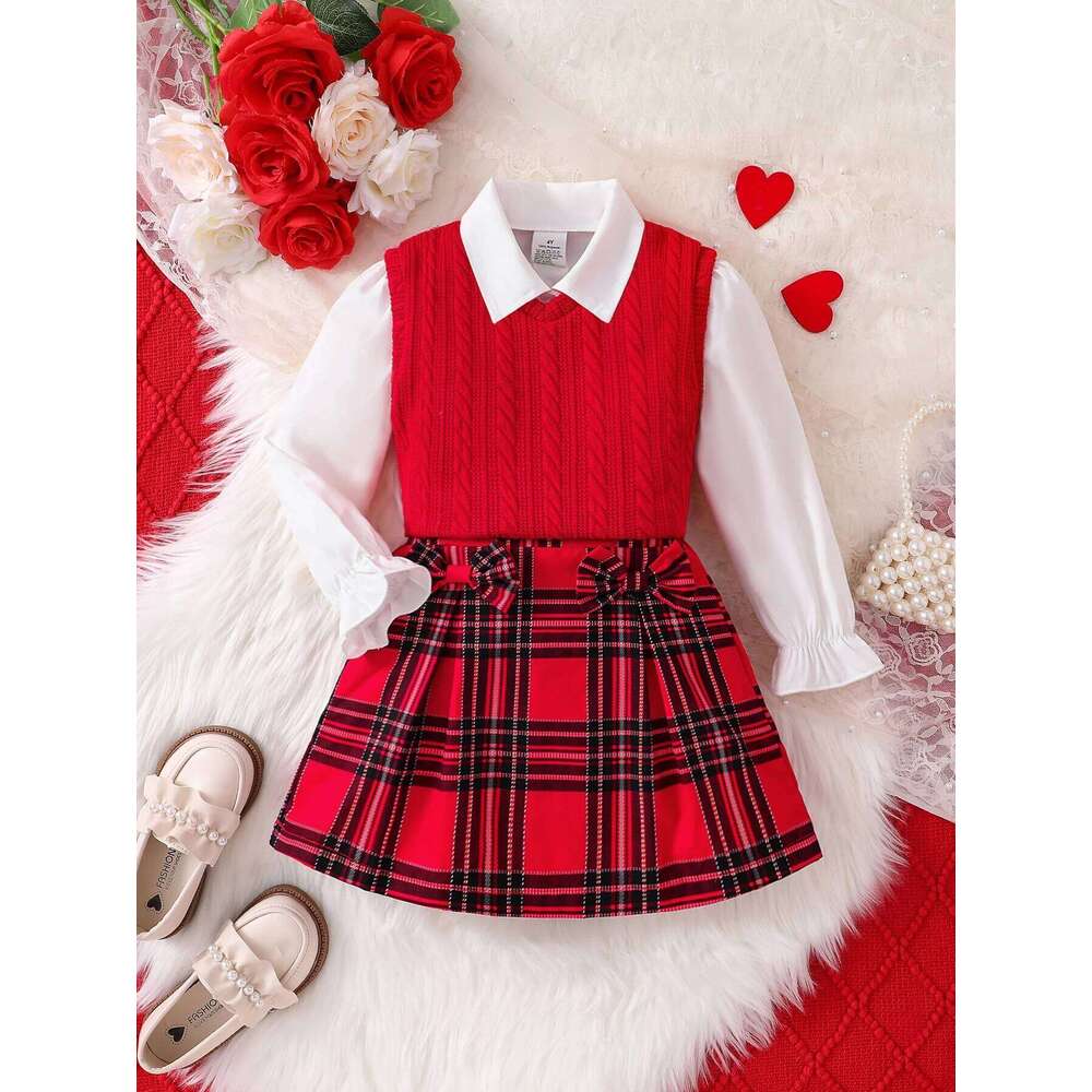 Children's Spring and Autumn New Girl Fashion Cute Three Piece Set Knitted Red Tank Top+Lace Collar Lining+Checkered Half Skirt Z260304