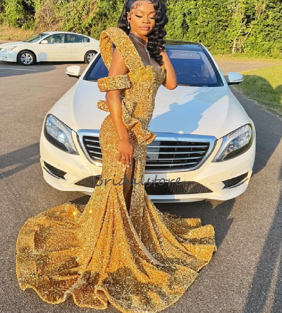 Unique Gold Mermaid Evening Dress Sparkly Sequin Slit Prom Dress 2026 Elegant Black Girls Formal Occasion Birthday Dress Luxury Nigeria Vestio De Noch