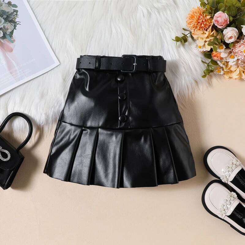 Pudcoco Toddler Girl 2 Piece Outfit Ruffles Long Sleeve Tops and Leather Pleated Skirt Set for Baby Fall Cute Clothes 18M-6T Z260304