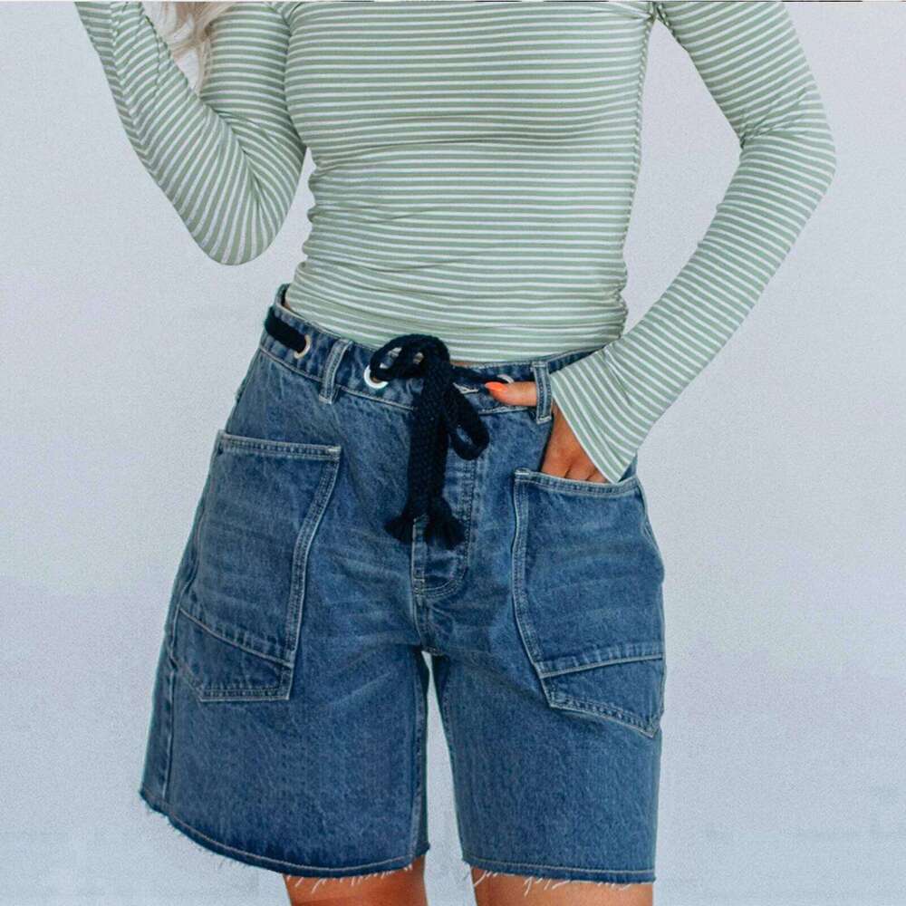 New Fashion Womens Summer Bandage Denim Wide Leg Streetwear Jeans Shorts With Pockets Hot Sale S-XL XJ260305