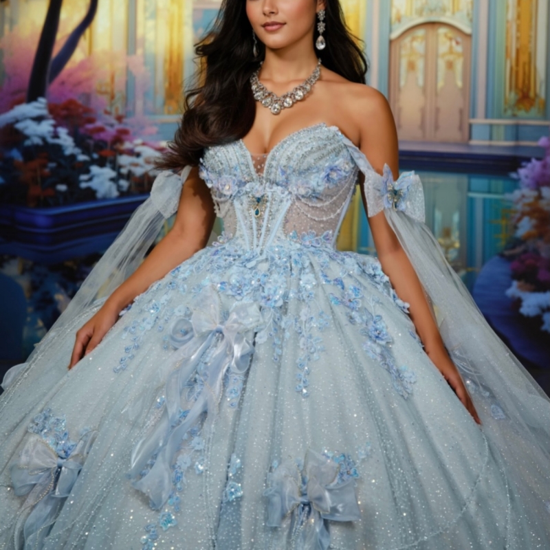 Pink Shiny Quinceanera Dresses Ball Gown Off The Shoulder Applique Flower Beading Crystal Bow Tull Corset Party Birthday Sweet 16 Dress Vestidos 15 De