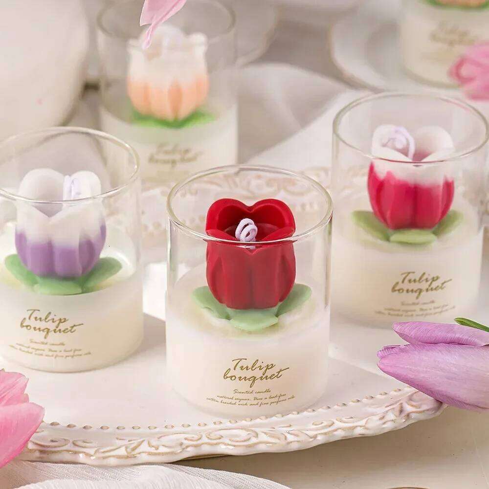 Handmade Tulip Glass Jar Aromatherapy Scented Soy Wax Candle, Birthday Wedding Candles, Home Party Decoration W260304 W260305
