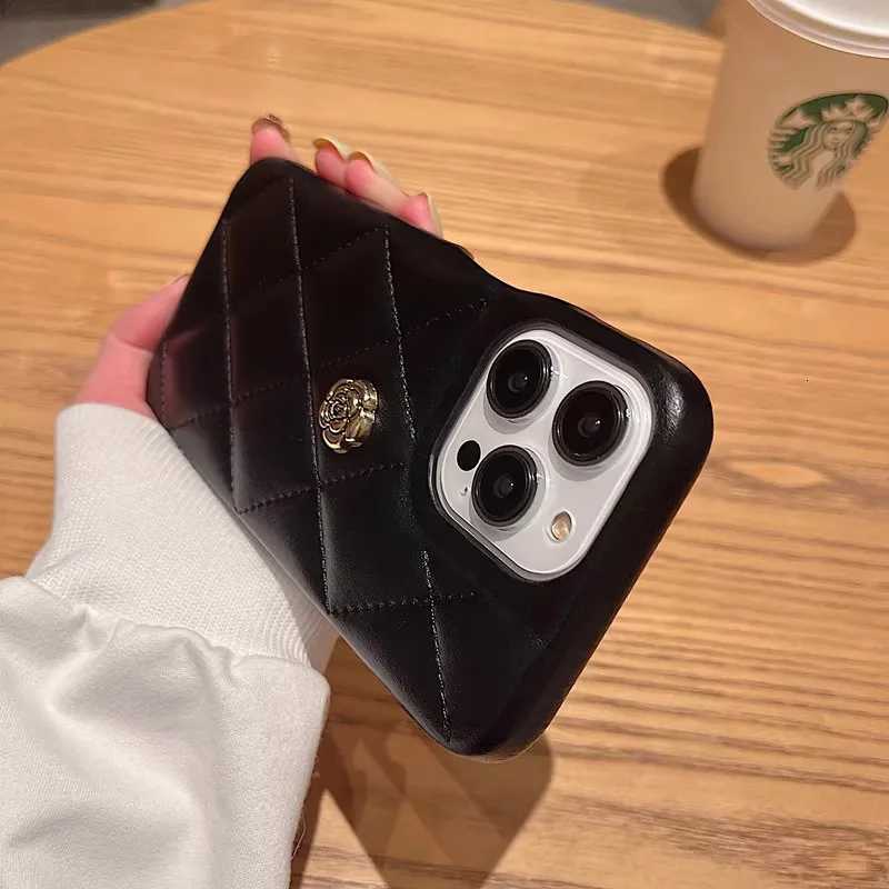 Luxury Quilted Leather Phone Case with 3D Metal Camellia For iPhone 17 16 15 14 13 Pro Max Plus | Premium Protective CoverT260305