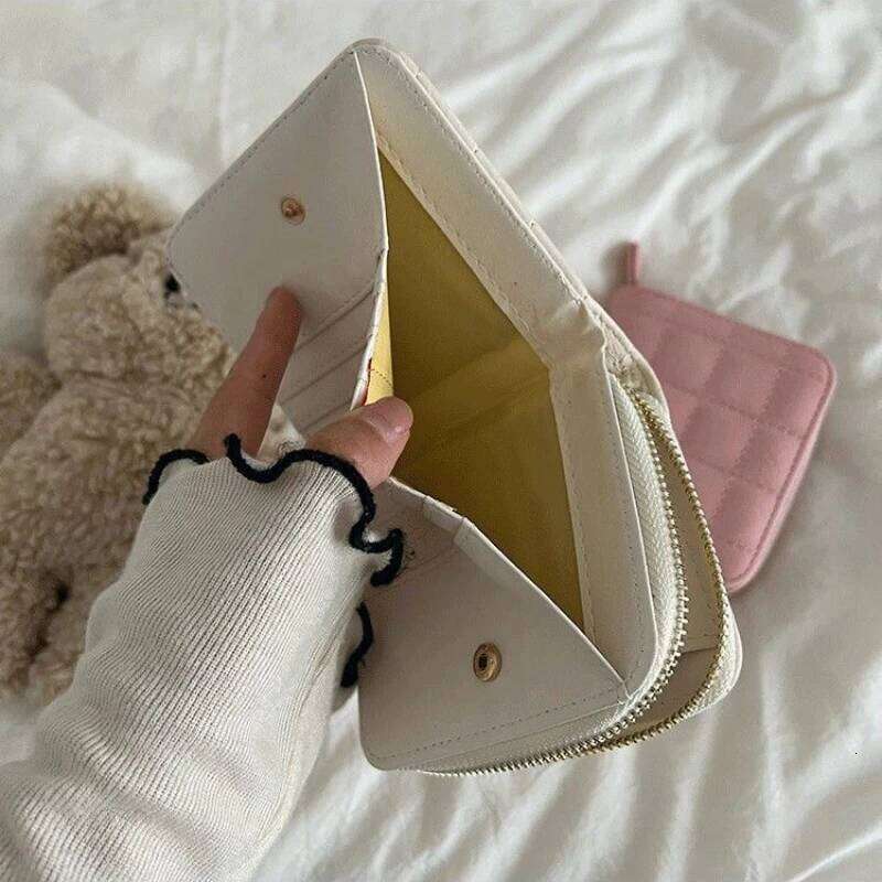 Women Fashion Zipper Wallet with Coin Purse PU Leather Plaid Purses Ladies Cute Mini Korean Version Small Card Pack New In C260304