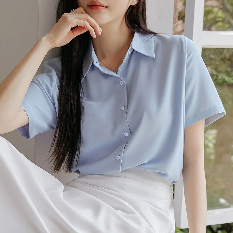 Classic Solid Color Short Sleeve Shirt Women Simple Single Breasted Casual Tops for Woman Summer Elegant White Button Up 260228