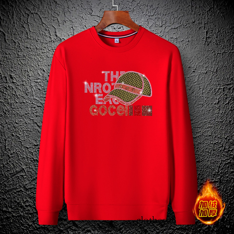 European Style Autumn Winter Sweatshirt Round Neck Fleece Trendy Men's Versatile Light Luxury Youth Heavy Craft Rhinestone Inner Shirt Long Sleev