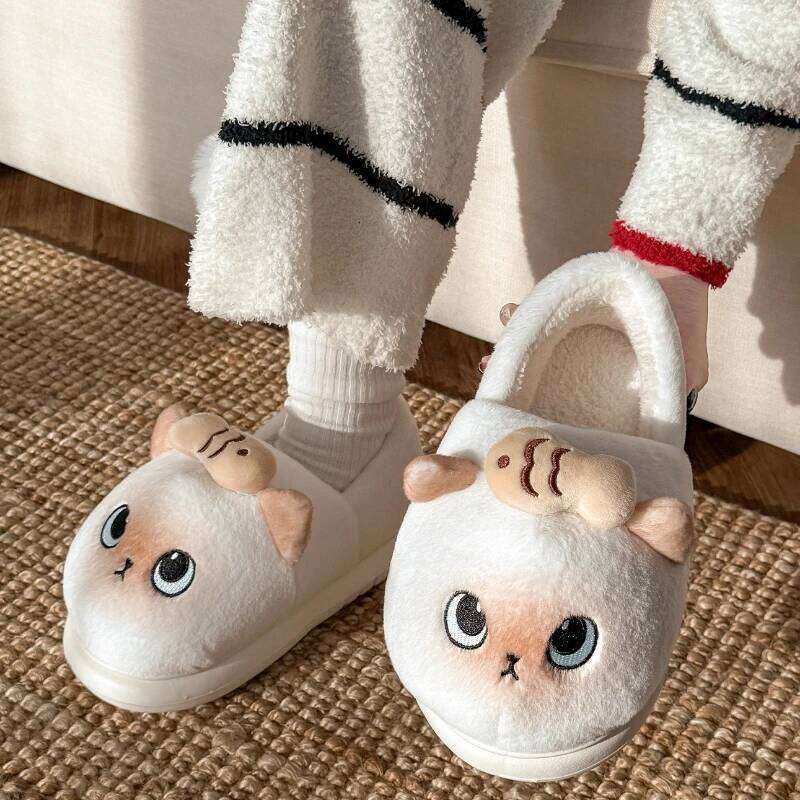 New Women Indoor Cute Cartoon Cat Winter Warm House Shoes Soft Plush Thick Sole Girls Home Floor Cotton Shoe