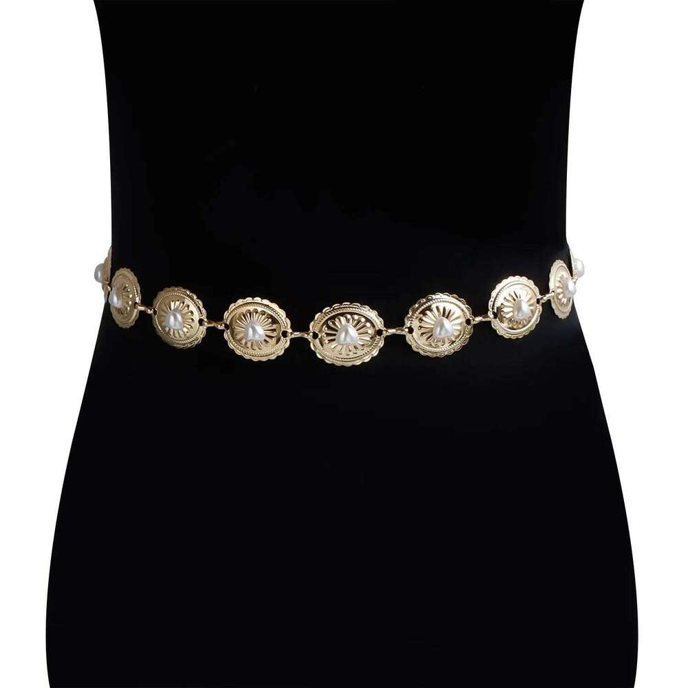 Summer Bohemian Waist Chain Pearl Inlaid Heart Elliptical Links Tribal Body Jewelry Adjustable for Beach Festival S260304