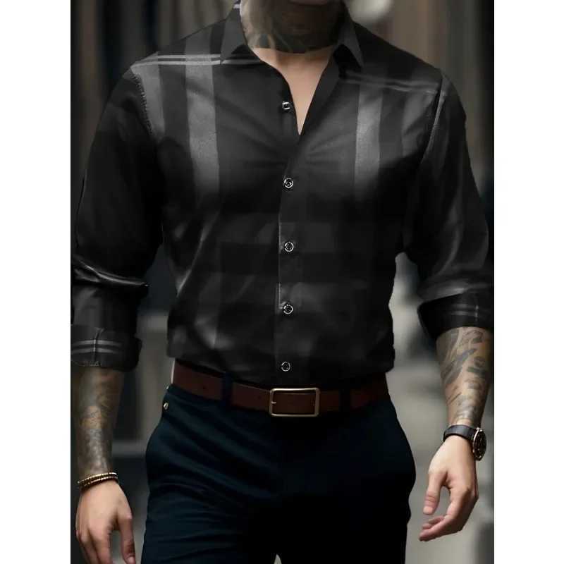 2025 Brand New Mens Shirt Fashion Elastic Plaid Long Sleeve Male Shirts M260305