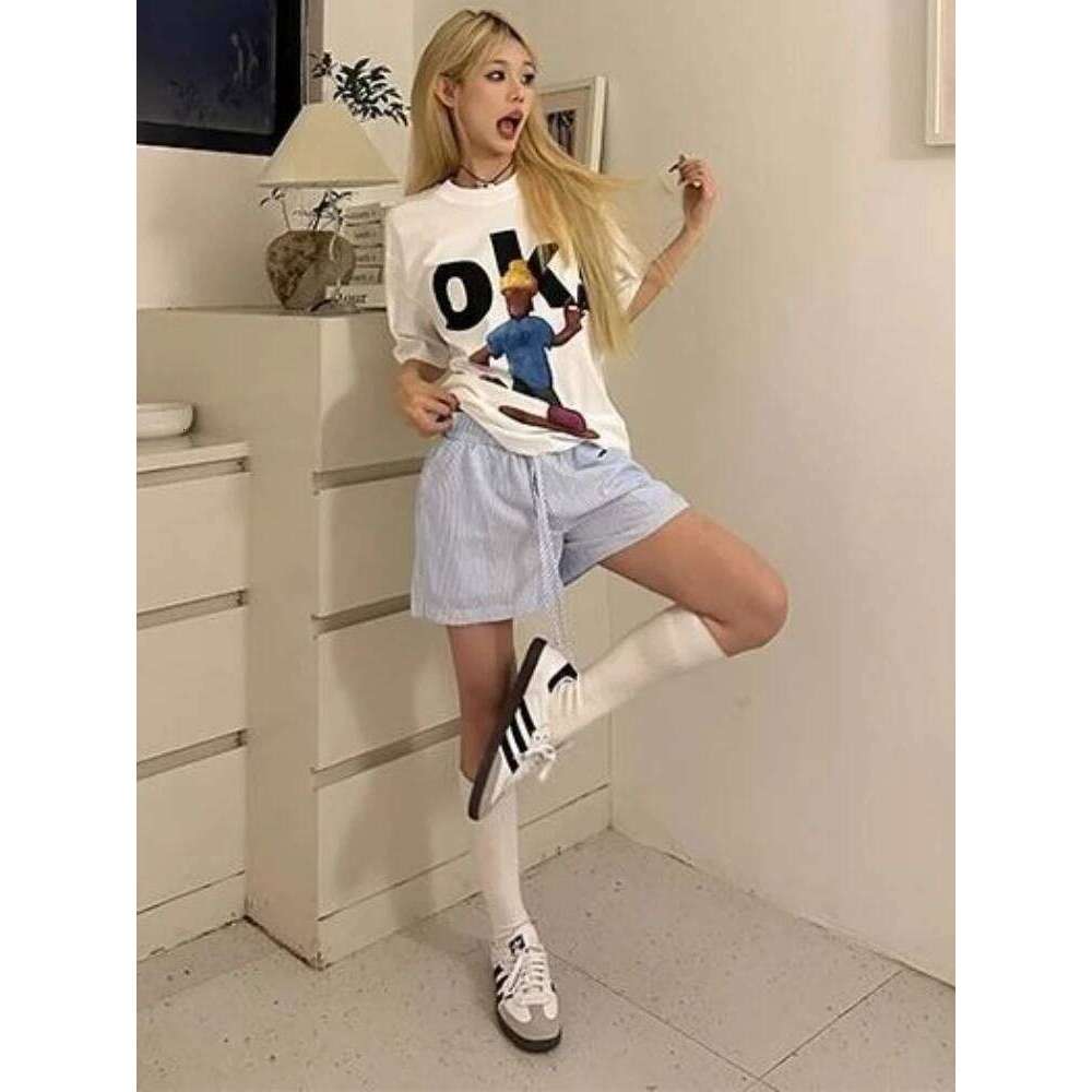 HOUZHOU Y2k Striped for Women Harajuku Blue Baggy Elastic Waist Short Pants Korean Style Casual Fashion Retro Shorts XJ260305