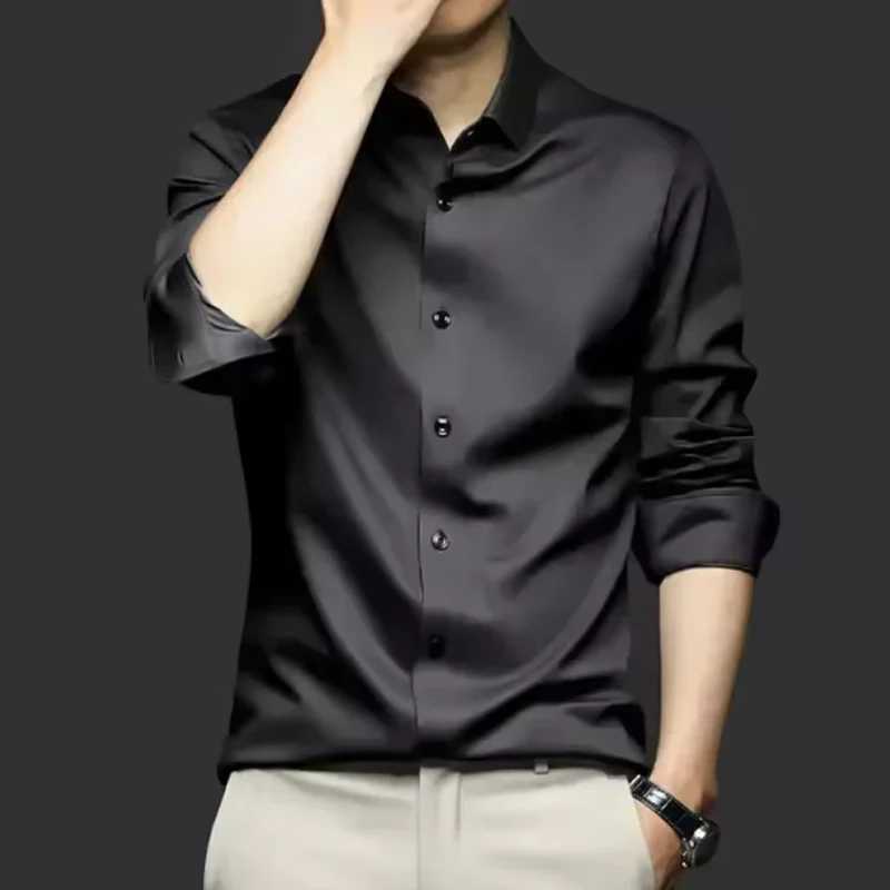 6XL Mens dress black shirts long-sleeved Oversize wrinkle-proof non-ironed solid color business casual ice silk M260305