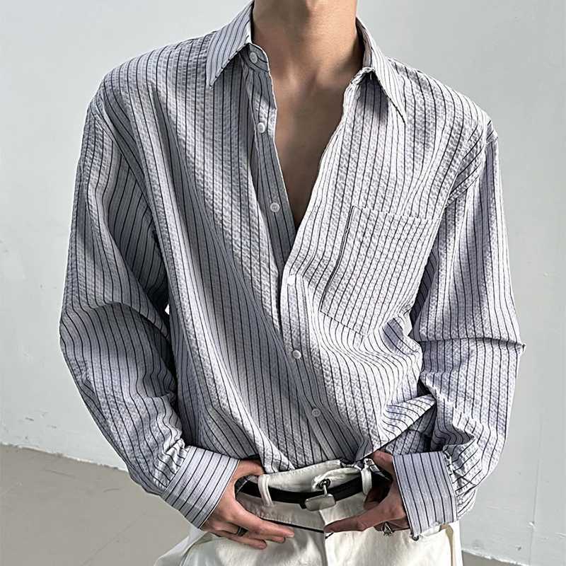 Streetwear Vintage Mens Striped Print Shirt 2026 Spring Autumn Trendy Long Sleeve Textured Shirts Men Casual Button Lapel Shirts M260305