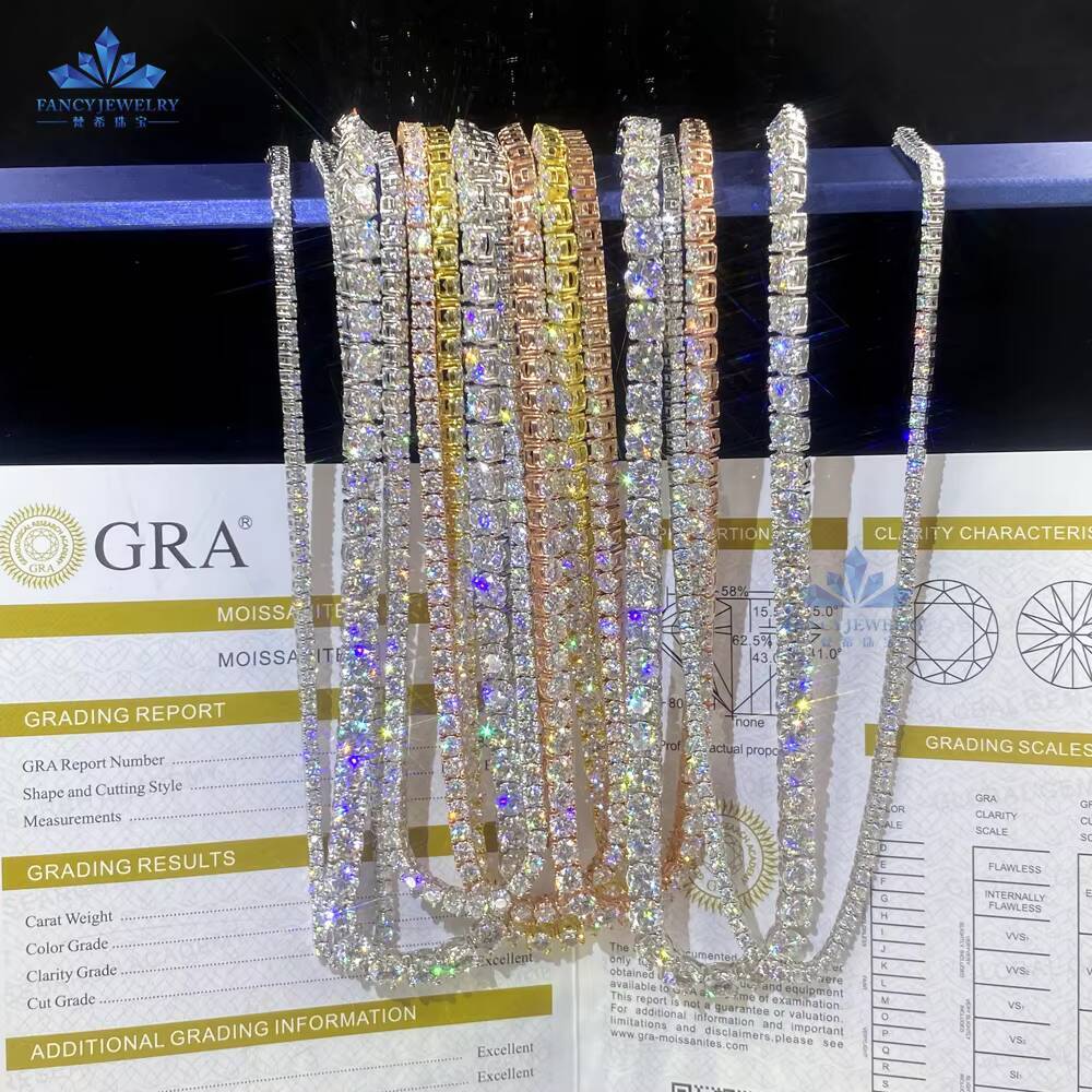 Trendy High Polished 925 Silver White Gold 2-65mm Round VVS Moissanite Diamond Tennis Chain Necklace Hip Hop Fashion for Girl