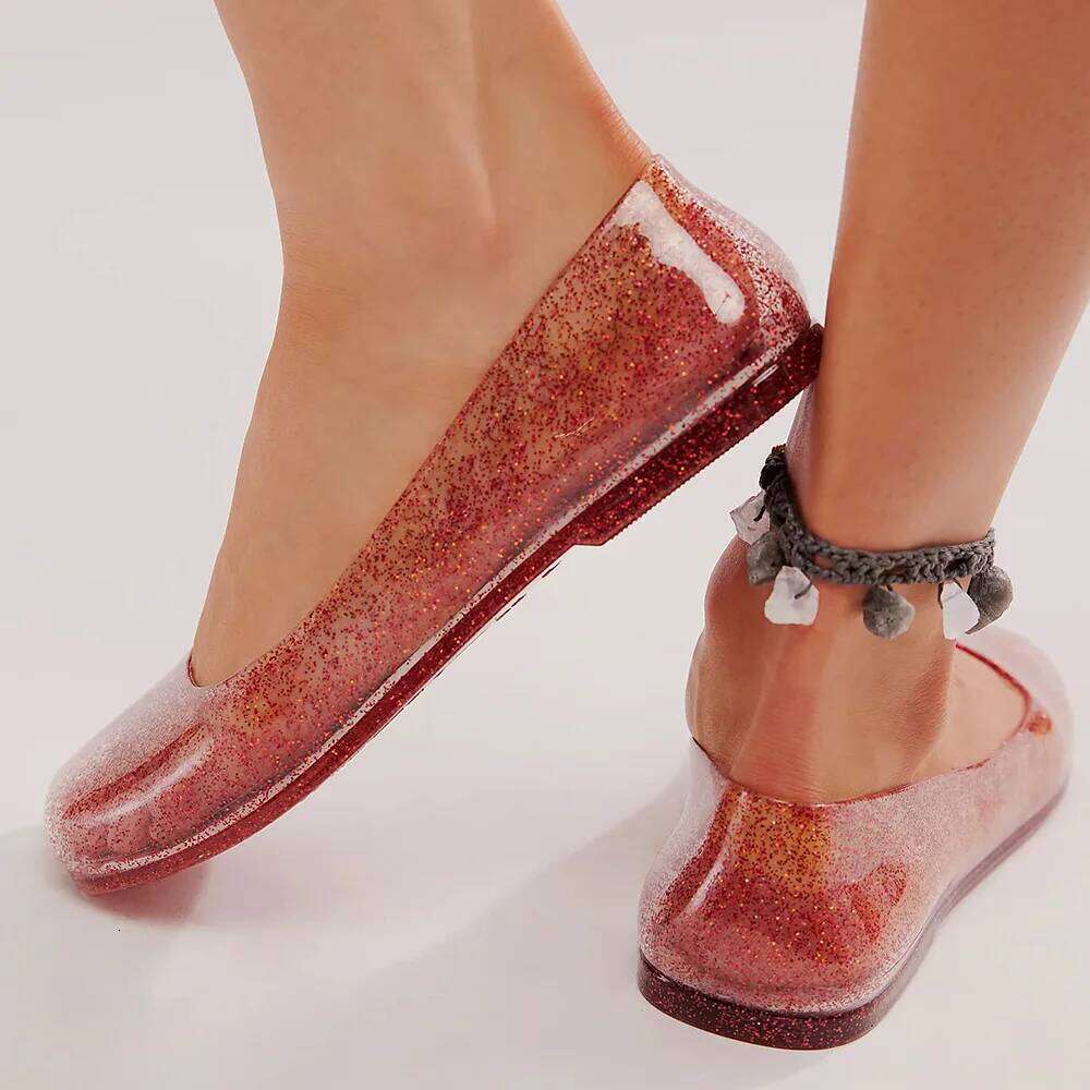 Leisure Jelly Shoes Woman Summer Flat Sandals Soft PVC Bling Transparent Color Square Toe Female Home Street Flats Big Size 42
