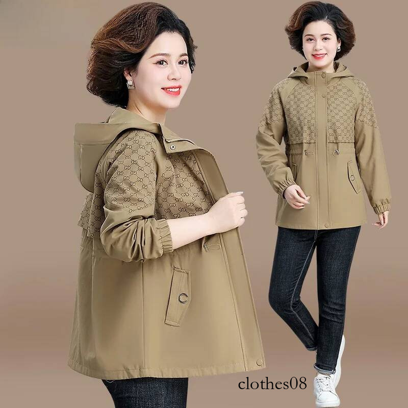Faionable Spring Autumn Women's Jaet Middle-Aged Mom Ele Lady Upper Body Loose Fit Polyester Zipper Hooded Coat