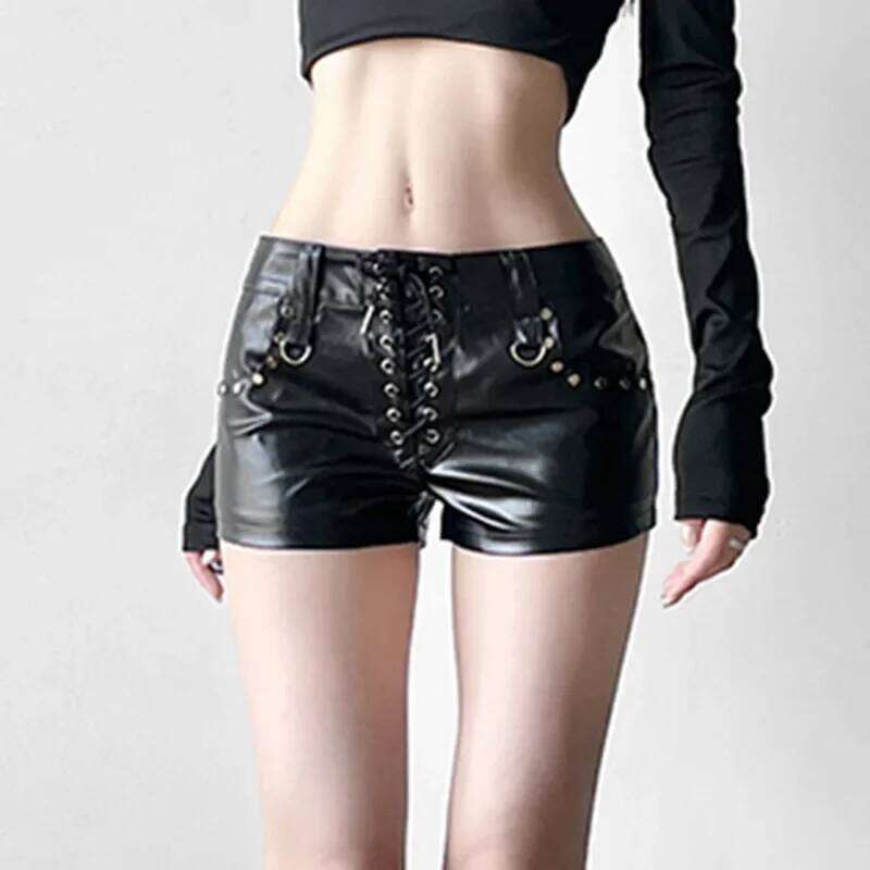 American Street Women Sexy Rivet Low Waist Hip Wrap Skinny Leather Lace Up Booty Shorts XJ260305