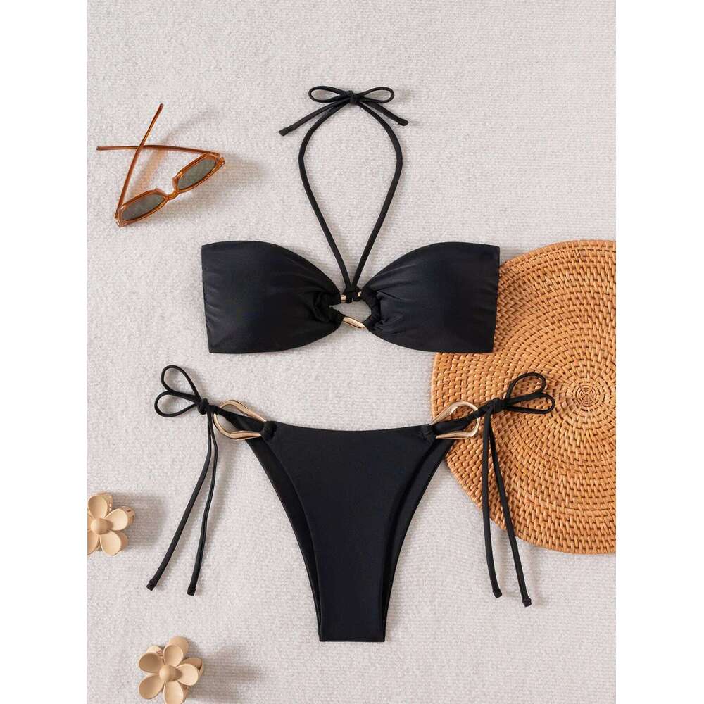 Sexy Bandeau Bikini 2025 Women Black Metal Buckle Push Up Bandage Thong Swimsuit Summer Bathing Suit Holiday Pool Swimwear Y260303