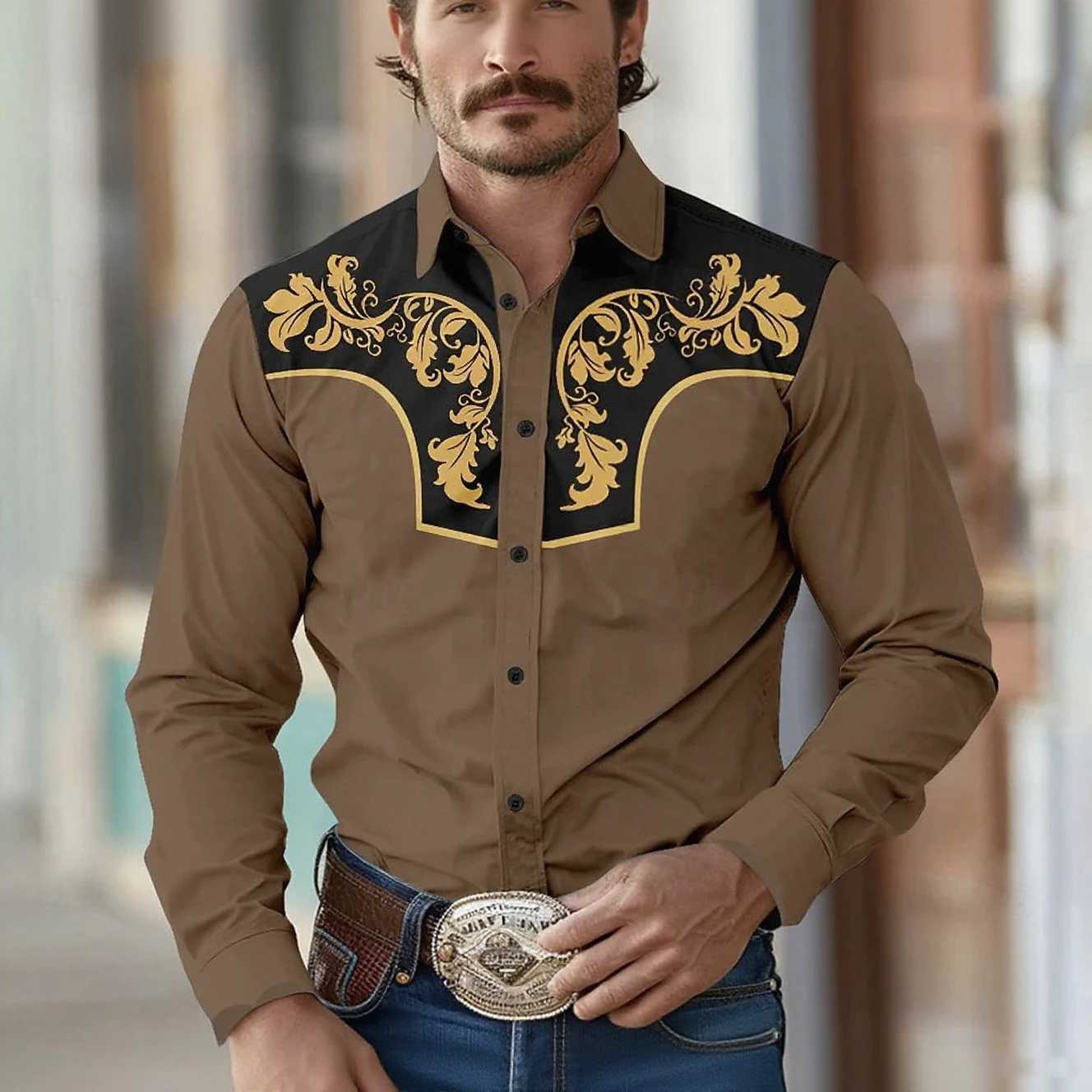 Mens ethnic style European court pattern 3D printed dark shirt long sleeve lapel retro shirt business casual fashion outdoor to M260305